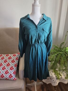 torrid Teal Striped Long-Sleeve Shirt Dress